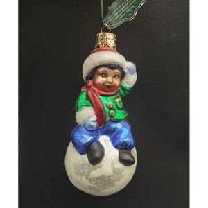 CHRISTBORN 4.5" Glass Christmas Ornament- Black Girl on Giant Snowball New w/Tag